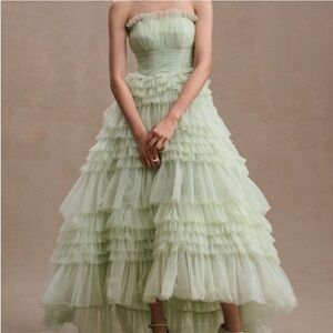 Mac Duggal Strapless Light Green Ruffle Dress